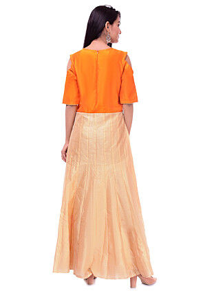 Embroidered Art Dupion Silk Abaya Style Suit in Beige and Orange