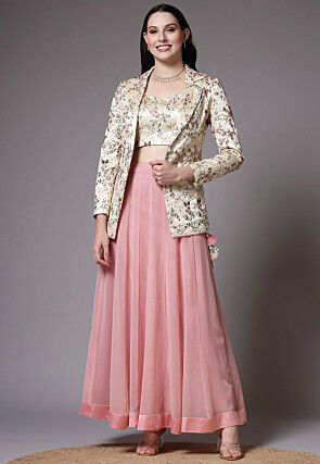 Embroidered Dupion Silk Crop Top Jacket Set in Pink and Beige