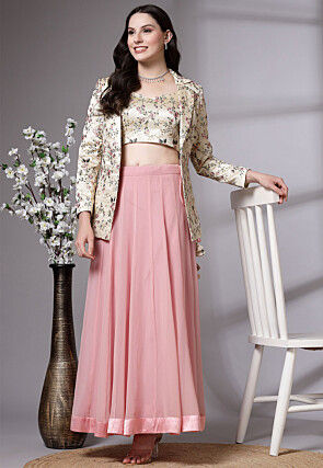 Embroidered Dupion Silk Crop Top Jacket Set in Pink and Beige