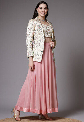 Embroidered Dupion Silk Crop Top Jacket Set in Pink and Beige