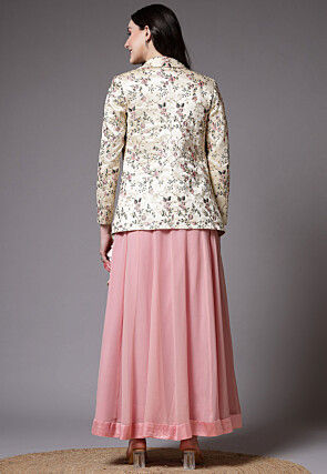 Embroidered Dupion Silk Crop Top Jacket Set in Pink and Beige