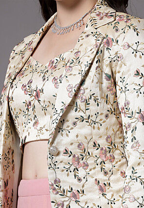 Embroidered Dupion Silk Crop Top Jacket Set in Pink and Beige