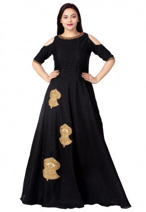 Embroidered Dupion Silk Flared Gown in Black