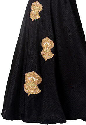 Embroidered Dupion Silk Flared Gown in Black