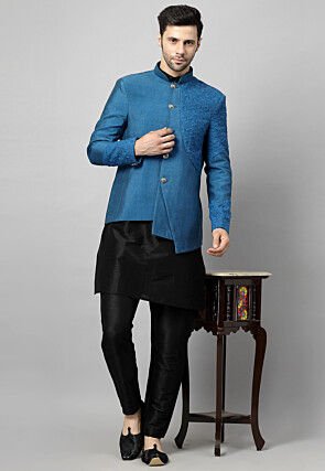 Embroidered Art Dupion Silk Jodhpuri Suit in Blue and Black
