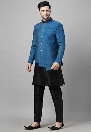 Embroidered Art Dupion Silk Jodhpuri Suit in Blue and Black
