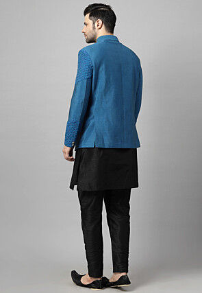 Embroidered Art Dupion Silk Jodhpuri Suit in Blue and Black