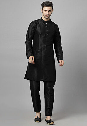 Embroidered Art Dupion Silk Jodhpuri Suit in Blue and Black