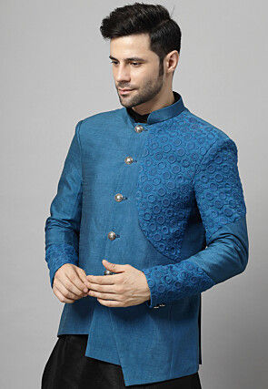 Embroidered Art Dupion Silk Jodhpuri Suit in Blue and Black