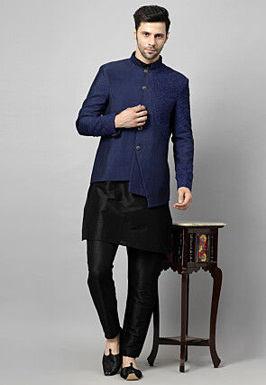 Embroidered Art Dupion Silk Jodhpuri Suit in Navy Blue and Black