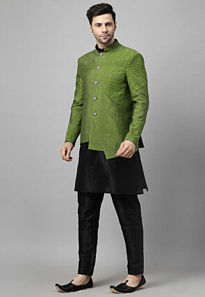 Embroidered Art Dupion Silk Jodhpuri Suit in Olive Green and Black
