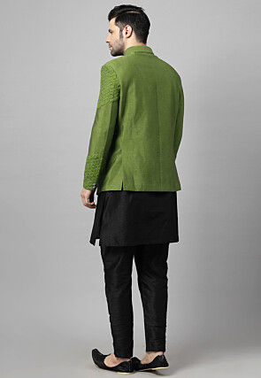 Embroidered Art Dupion Silk Jodhpuri Suit in Olive Green and Black