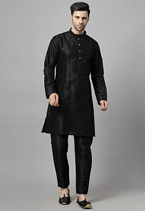 Embroidered Art Dupion Silk Jodhpuri Suit in Olive Green and Black