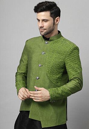 Embroidered Art Dupion Silk Jodhpuri Suit in Olive Green and Black