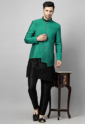 Embroidered Art Dupion Silk Jodhpuri Suit in Teal Green and Black