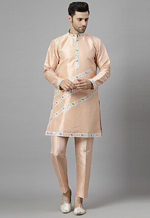 Embroidered Dupion Silk Kurta Set in Light Peach