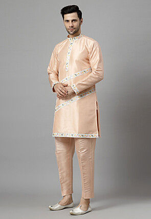 Embroidered Dupion Silk Kurta Set in Light Peach