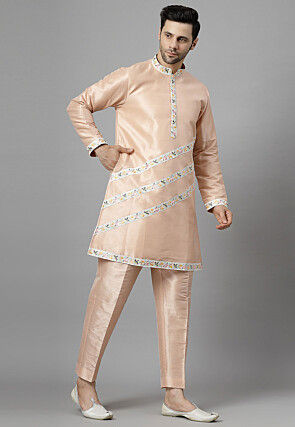 Embroidered Dupion Silk Kurta Set in Light Peach