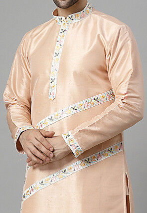 Embroidered Dupion Silk Kurta Set in Light Peach