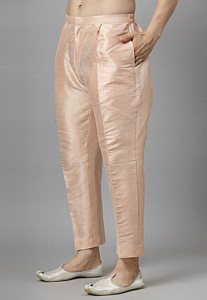 Embroidered Dupion Silk Kurta Set in Light Peach