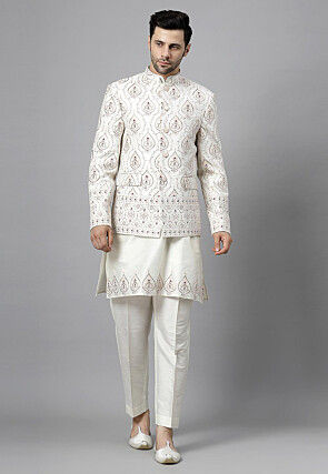 Embroidered Dupion Silk Kurta Set in Off White and Off White