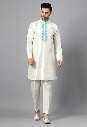 Embroidered Dupion Silk Kurta Set in Off White