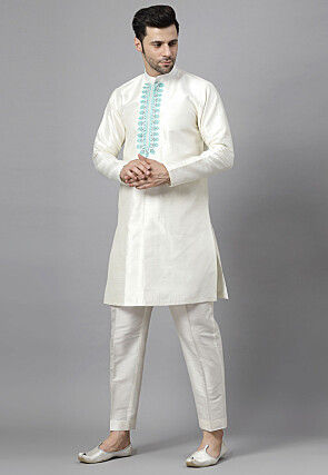 Embroidered Dupion Silk Kurta Set in Off White