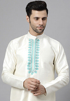 Embroidered Dupion Silk Kurta Set in Off White
