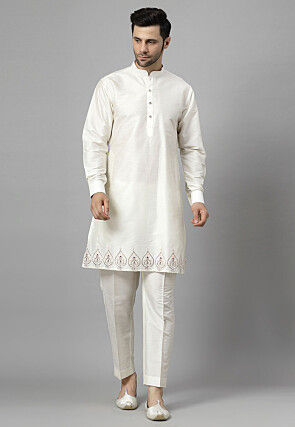 Embroidered Dupion Silk Kurta Set in Off White
