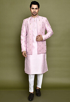 Embroidered Art Dupion Silk Kurta Set in Pink