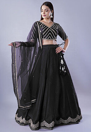 Embroidered Art Dupion Silk Lehenga in Black