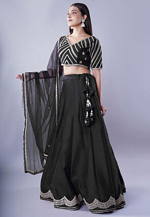 Embroidered Art Dupion Silk Lehenga in Black