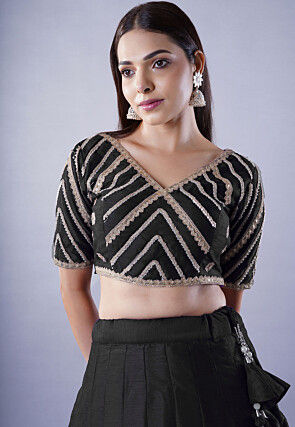 Embroidered Art Dupion Silk Lehenga in Black