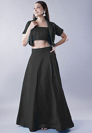 Embroidered Art Dupion Silk Lehenga in Black