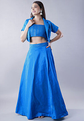 Embroidered Art Dupion Silk Lehenga in Blue