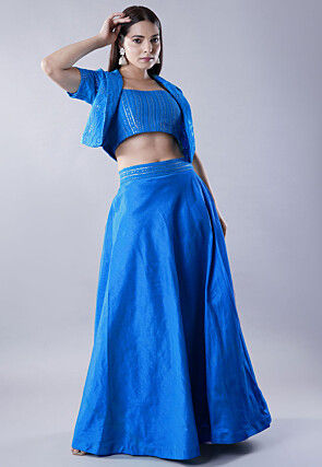 Embroidered Art Dupion Silk Lehenga in Blue