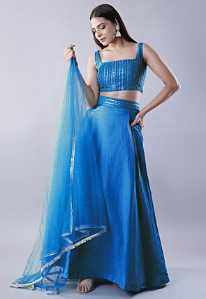 Embroidered Art Dupion Silk Lehenga in Blue
