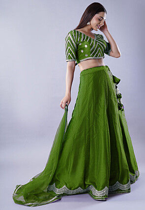 Embroidered Art Dupion Silk Lehenga in Green
