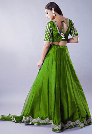 Embroidered Art Dupion Silk Lehenga in Green