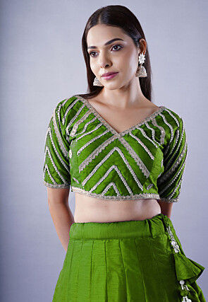 Embroidered Art Dupion Silk Lehenga in Green