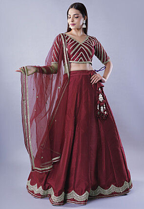 Embroidered Art Dupion Silk Lehenga in Maroon