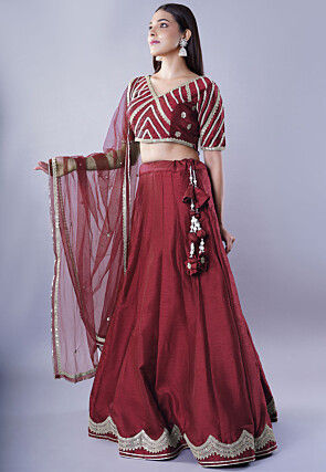 Embroidered Art Dupion Silk Lehenga in Maroon