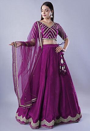 Embroidered Art Dupion Silk Lehenga in Purple