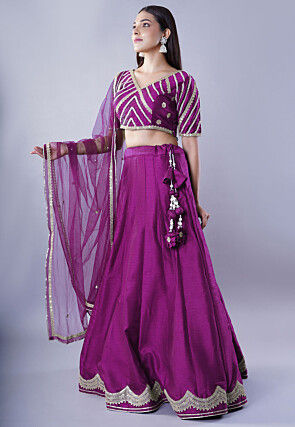 Embroidered Art Dupion Silk Lehenga in Purple