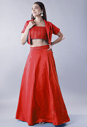 Embroidered Art Dupion Silk Lehenga in Red