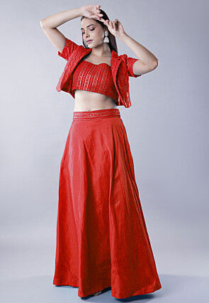 Embroidered Art Dupion Silk Lehenga in Red