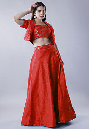 Embroidered Art Dupion Silk Lehenga in Red