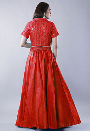 Embroidered Art Dupion Silk Lehenga in Red