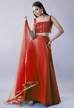 Embroidered Art Dupion Silk Lehenga in Red