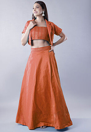 Embroidered Art Dupion Silk Lehenga in Rust